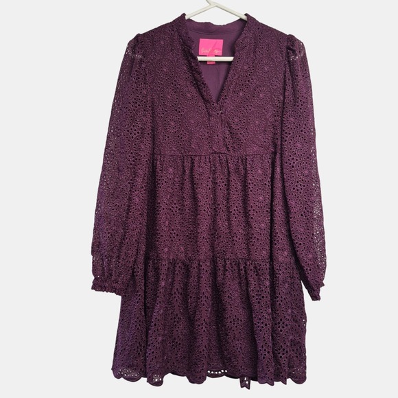 Lilly Pulitzer Womens XS Dress Winona Eyelet Long Sleeve Cherry Ganache Tiered - Picture 2 of 10